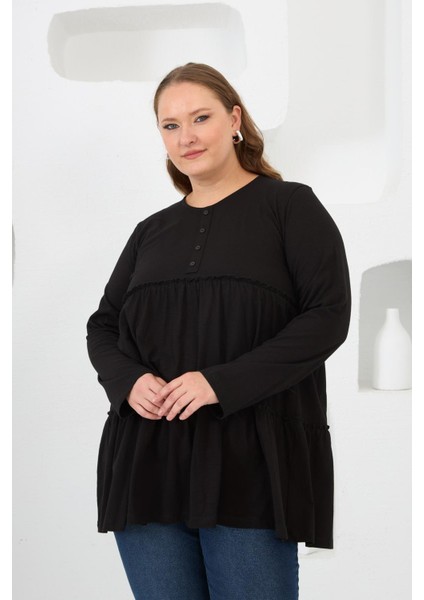 Düğme Detaylı Fırfırlı Büyük Beden Tunik Siyah fırsatları