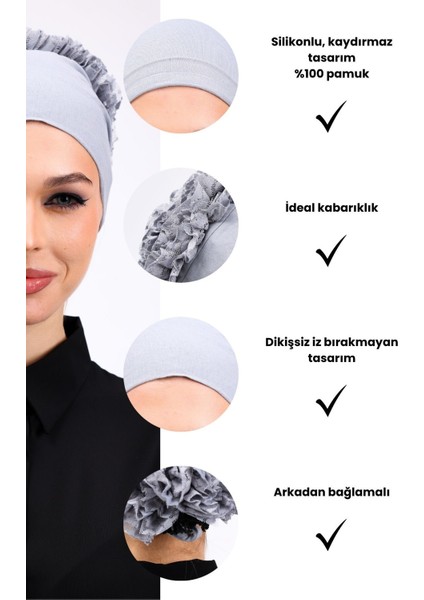 Kaymayan Fırfırlı Silikonlu Dikişsiz Bone - Kaymaz Kadın Tesettür Bağlamalı Iç Bone Açık Gri modelleri