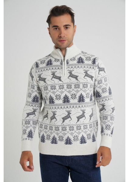 Erkek Kısa Fermuarlı Dik Yaka Jakarlı Geyikli Yün Yılbaşı Kazak TRIST-5362