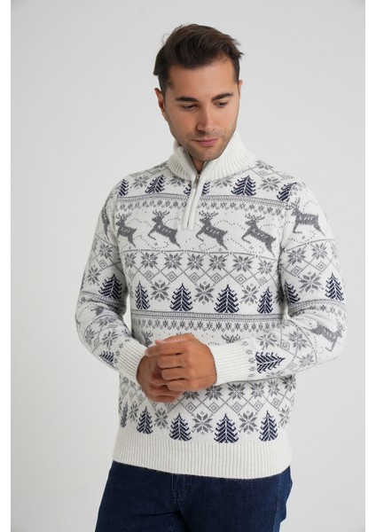 Erkek Kısa Fermuarlı Dik Yaka Jakarlı Geyikli Yün Yılbaşı Kazak TRIST-5362 fiyatları