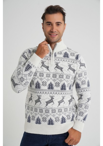 Erkek Kısa Fermuarlı Dik Yaka Jakarlı Geyikli Yün Yılbaşı Kazak TRIST-5362 fırsatları