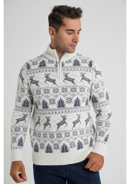 Erkek Kısa Fermuarlı Dik Yaka Jakarlı Geyikli Yün Yılbaşı Kazak TRIST-5362 indirimleri