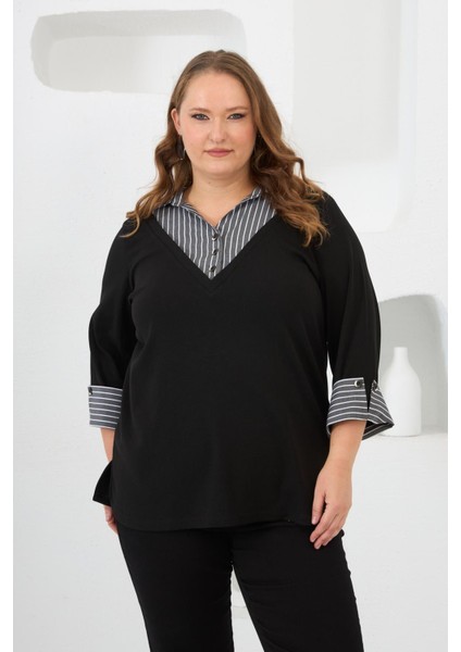 Gömlek Garnili Büyük Beden Bluz Siyah