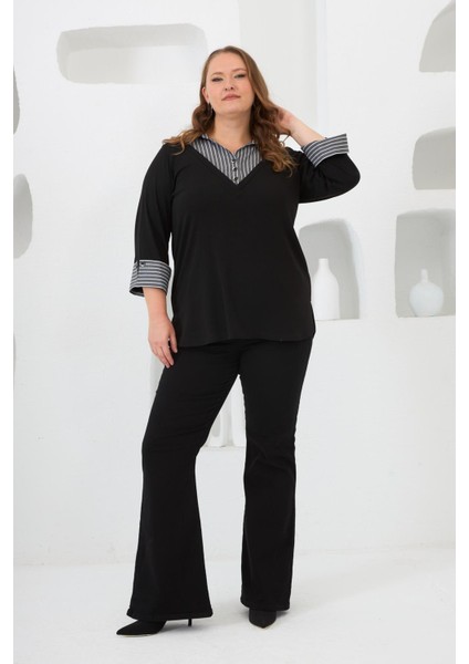 Gömlek Garnili Büyük Beden Bluz Siyah indirimleri