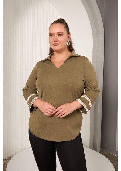 Büyük Beden Kol Nakış Detay Örme Bluz Haki