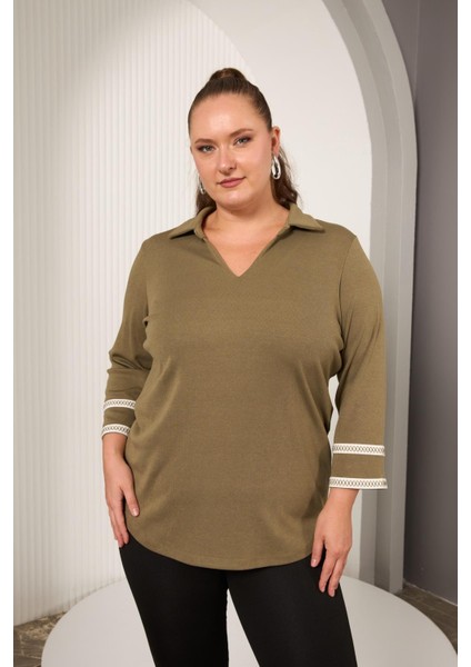 Büyük Beden Kol Nakış Detay Örme Bluz Haki fiyatları