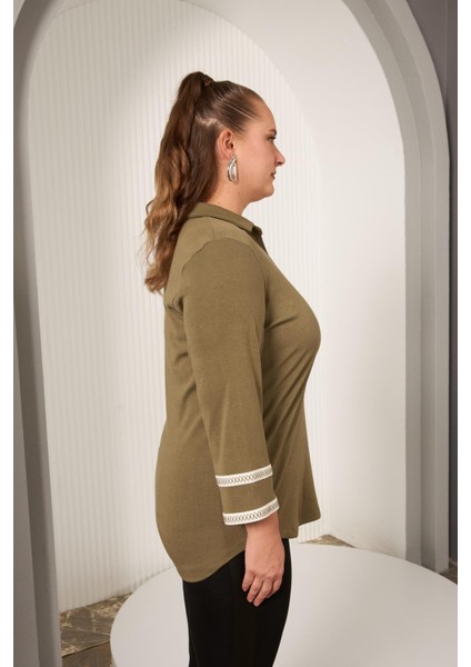 Büyük Beden Kol Nakış Detay Örme Bluz Haki modelleri