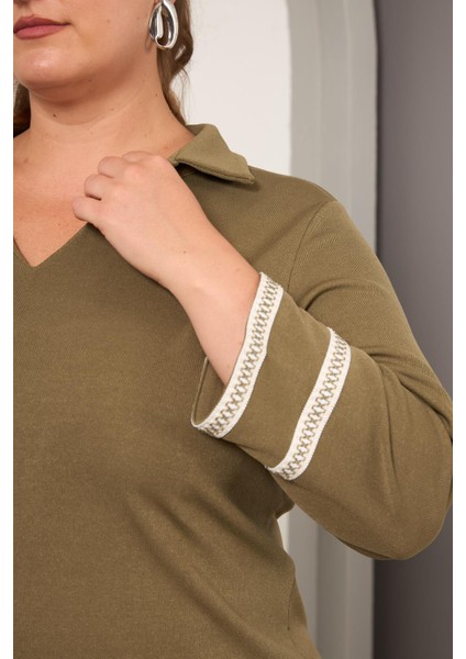 Büyük Beden Kol Nakış Detay Örme Bluz Haki fırsatları