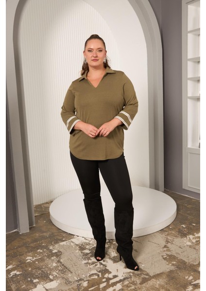 Büyük Beden Kol Nakış Detay Örme Bluz Haki indirimleri