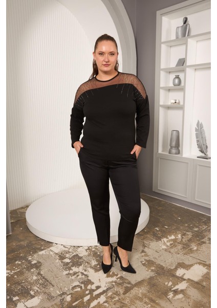 Omuzları Tül Taş Detaylı Büyük Beden Bluz Siyah indirimleri