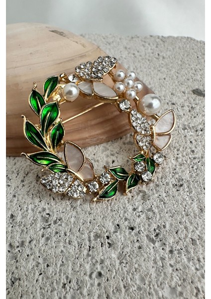 Altın Rengi Yaprak Detay Taş ve Incili Çelenk Broş (4cm) modelleri