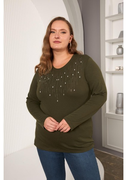 Büyük Beden Önü Taş Detay Bluz Haki
