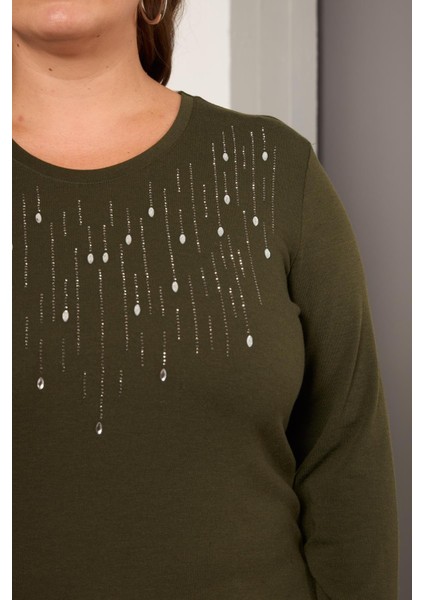 Büyük Beden Önü Taş Detay Bluz Haki fiyatları