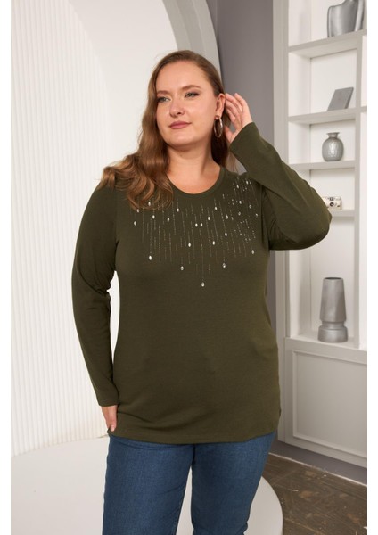 Büyük Beden Önü Taş Detay Bluz Haki modelleri