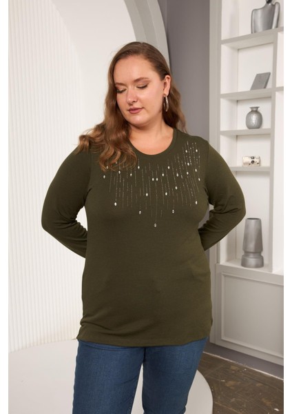 Büyük Beden Önü Taş Detay Bluz Haki fırsatları