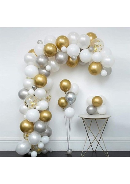 Beyaz Gold Gümüş Krom Konfetili Balon Zincir Seti