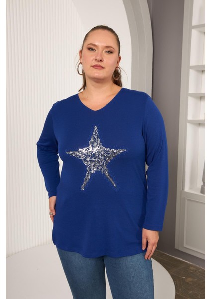 Büyük Beden Yıldız Pul Payet Nakış Detay Bluz Saks