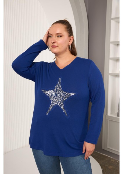 Büyük Beden Yıldız Pul Payet Nakış Detay Bluz Saks fiyatları