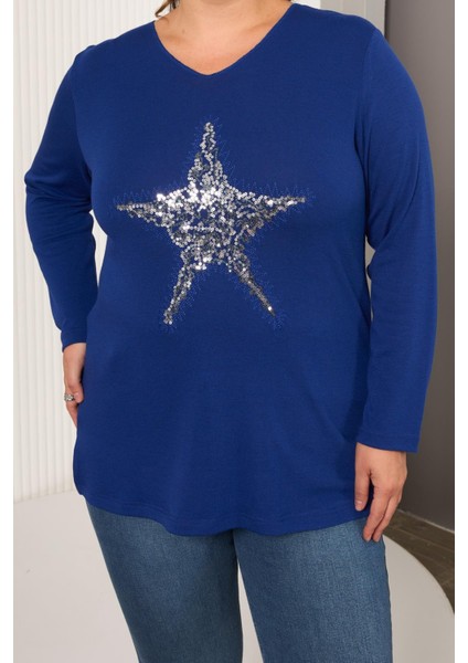 Büyük Beden Yıldız Pul Payet Nakış Detay Bluz Saks modelleri