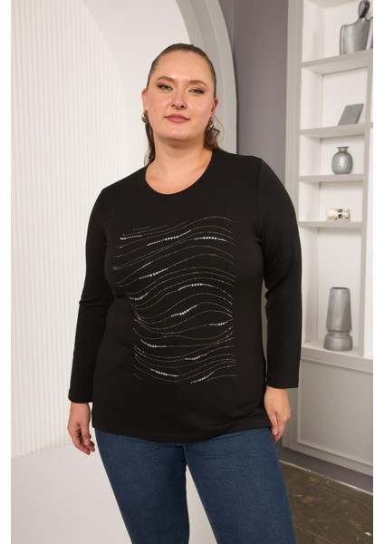 Büyük Beden Taş Detay Bluz Kahve