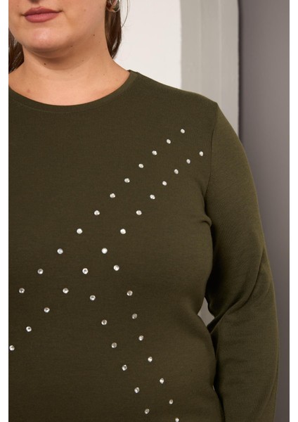 Büyük Beden Geometrik Taşlı Bluz Haki fiyatları