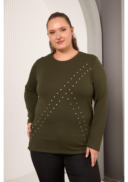 Büyük Beden Geometrik Taşlı Bluz Haki modelleri