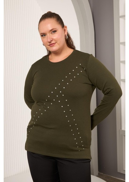 Büyük Beden Geometrik Taşlı Bluz Haki fırsatları