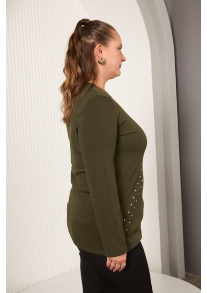 Büyük Beden Geometrik Taşlı Bluz Haki indirimleri