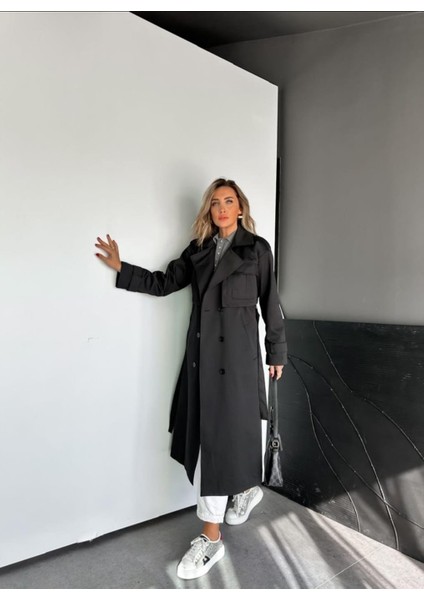 Egzotik Kadın Iri Cepli Tok Kumaş Klasik Trençkot