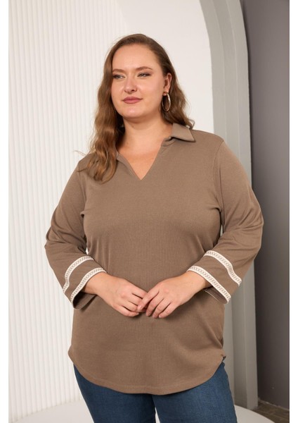 Büyük Beden Kol Nakış Detay Örme Bluz Vizon