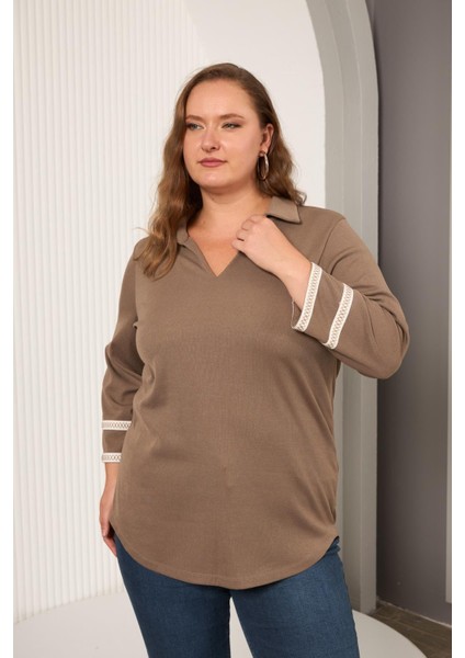 Büyük Beden Kol Nakış Detay Örme Bluz Vizon fiyatları