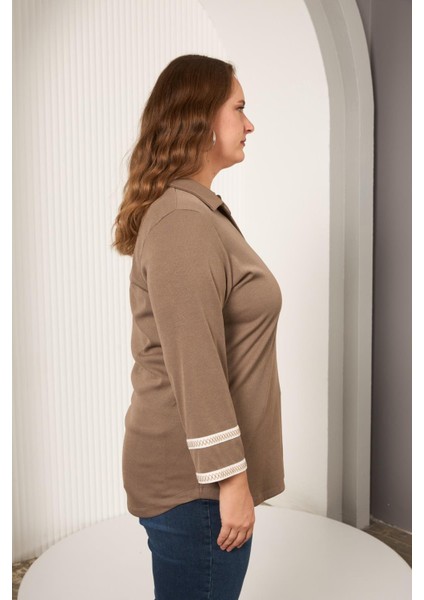 Büyük Beden Kol Nakış Detay Örme Bluz Vizon modelleri