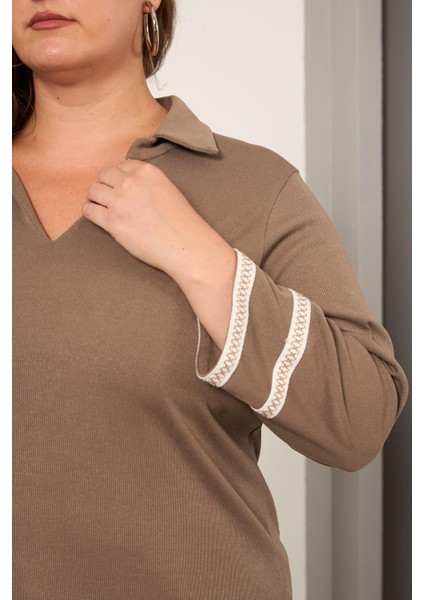 Büyük Beden Kol Nakış Detay Örme Bluz Vizon fırsatları