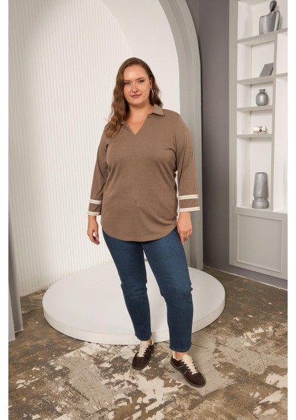 Büyük Beden Kol Nakış Detay Örme Bluz Vizon indirimleri