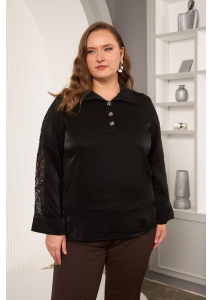 Büyük Beden Pul Payet Detay Saten Bluz Siyah