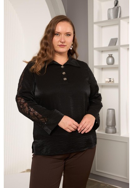 Büyük Beden Pul Payet Detay Saten Bluz Siyah fiyatları