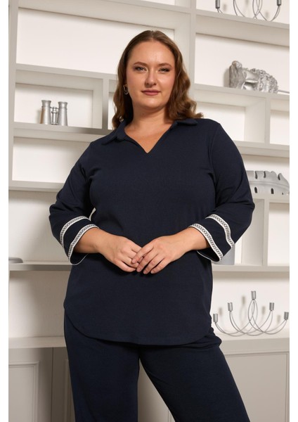 Büyük Beden Kol Nakış Detay Örme Bluz Lacivert