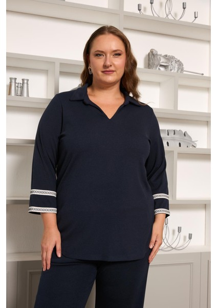 Büyük Beden Kol Nakış Detay Örme Bluz Lacivert fiyatları