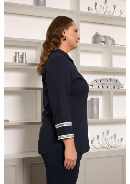 Büyük Beden Kol Nakış Detay Örme Bluz Lacivert fırsatları