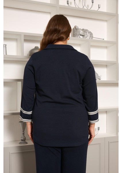 Büyük Beden Kol Nakış Detay Örme Bluz Lacivert indirimleri