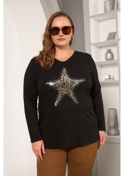 Büyük Beden Yıldız Pul Payet Nakış Detay Bluz Siyah