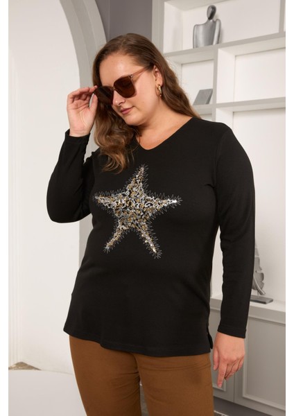 Büyük Beden Yıldız Pul Payet Nakış Detay Bluz Siyah fiyatları