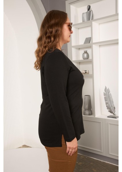 Büyük Beden Yıldız Pul Payet Nakış Detay Bluz Siyah modelleri