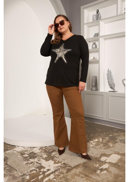 Büyük Beden Yıldız Pul Payet Nakış Detay Bluz Siyah fırsatları