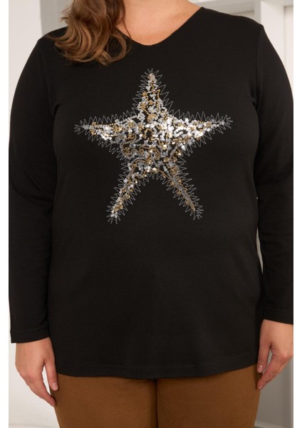 Büyük Beden Yıldız Pul Payet Nakış Detay Bluz Siyah indirimleri