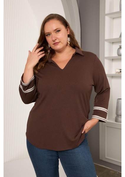 Büyük Beden Kol Nakış Detay Örme Bluz Kahverengi fiyatları