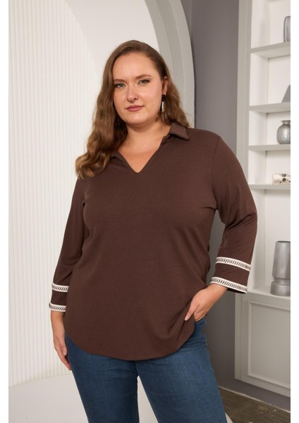 Büyük Beden Kol Nakış Detay Örme Bluz Kahverengi modelleri