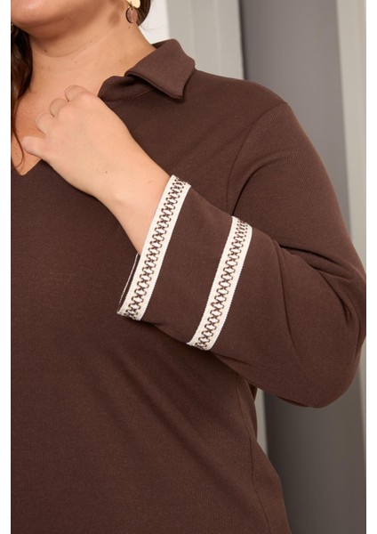 Büyük Beden Kol Nakış Detay Örme Bluz Kahverengi indirimleri