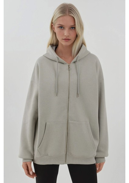 Kadın Şardonlu Cepli Fermuarlı Kapüşonlu Sweatshirt Busem Collection Grey