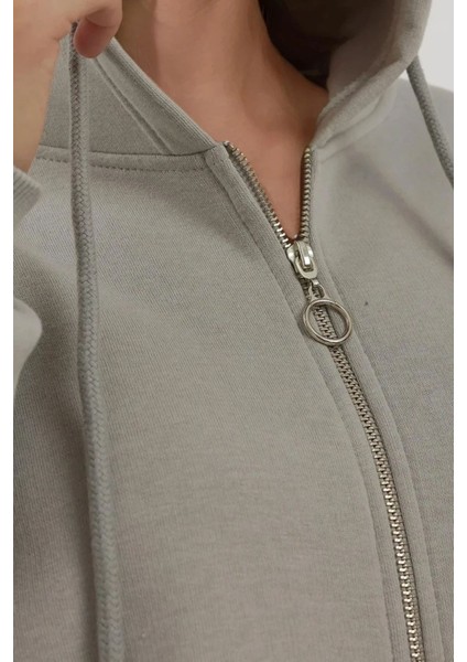 Kadın Şardonlu Cepli Fermuarlı Kapüşonlu Sweatshirt Busem Collection Grey fiyatları